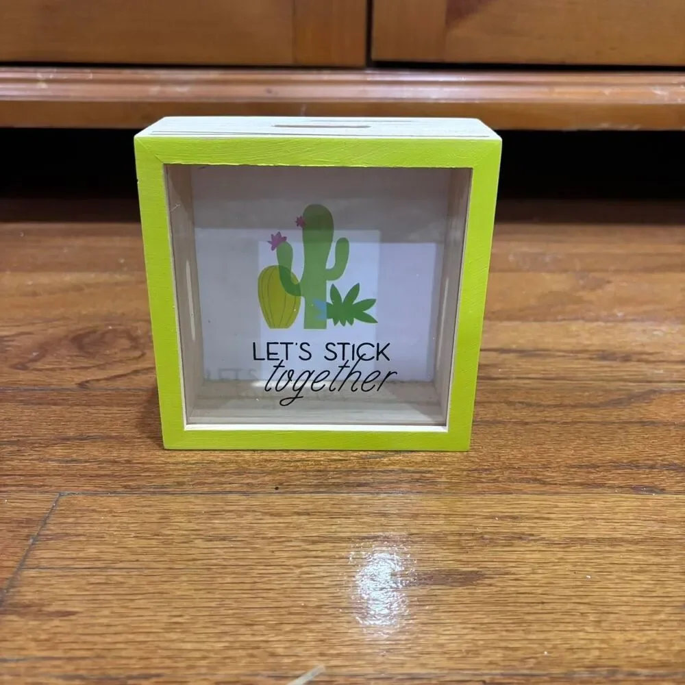 AMAZON Green Yellow Wood Cactus Money Box Gift Storage Organization Floral B5